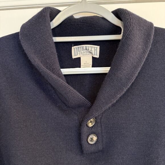 Duluth Trading Wool Torpedoman’s Sweater Mens LG Blue Shawl Collar 2-Button EUC - Picture 3 of 14